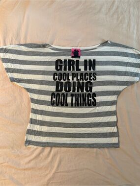 Striped Graphic Tee "Girl in Cool Places Doing Cool Things" - Gray & White